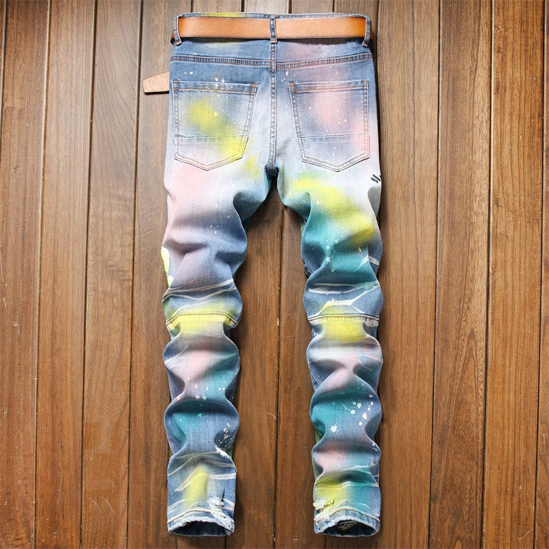 Pantalones con estampado de colores para hombre, vaqueros insignia Y2K, rasgados, elásticos retales|Pantalones vaqueros| AliExpress