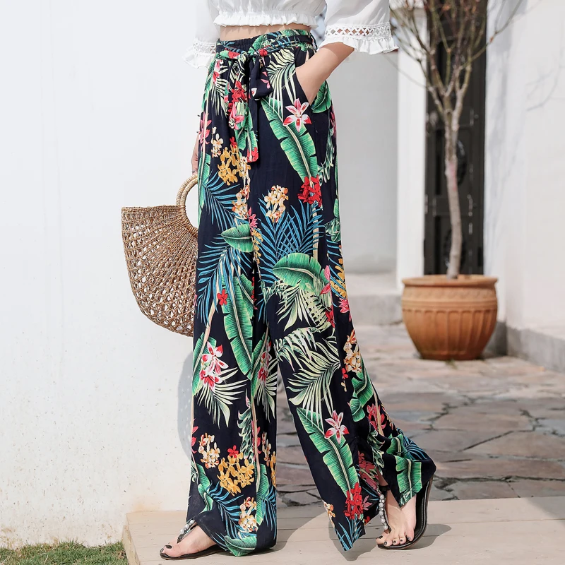 Летнее пляжный отдых Boho Широкие Брюки Высокая талия свободное с цветочным принтом длинные женские брюки повседневные женские Гавайские тайские брюки