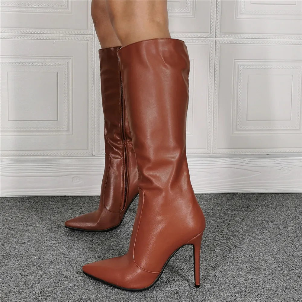 Kolnoo 2022 New Style Ladies High Heels Boots Real Pictures Pointy Brown Leather Midcalf Boots Sexy Evening Fashion Winter Shoes