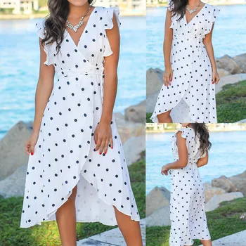 

Women's Ladies Summer Sleeveless Printing Dot Flared Split Mini Dress Office Polka Dot Vintage Autumn Dresses Women Dress