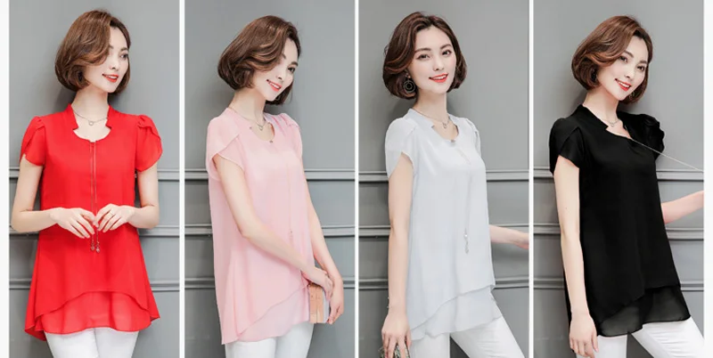 Новинка, летние женские блузки, элегантные рубашки с коротким рукавом, имитация двух частей, шифоновая блузка, повседневные женские топы, рубашки размера плюс