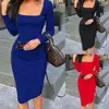 Women Ladies Long Sleeve Square Collar Solid Slim Stretch Bodycon Knit Pencil Midi Evening Party Dress ► Photo 2/6