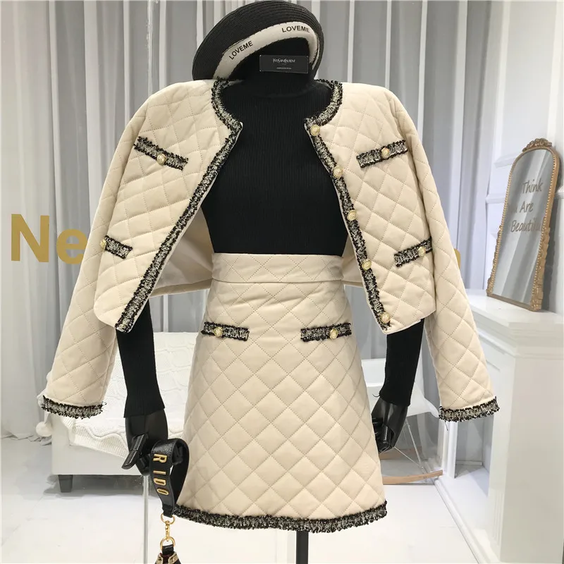 ALPHALMODA, зимняя женская куртка, юбка, 2 шт., модный костюм, в сетку, с подкладкой, короткая верхняя одежда, пальто+ трапециевидная юбка, Модный комплект