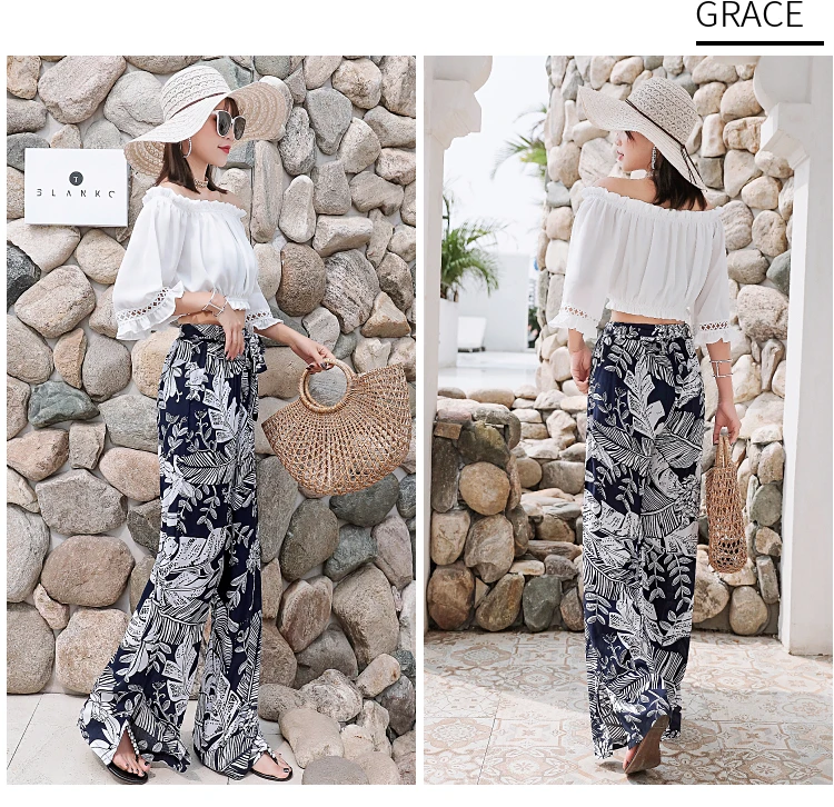 Летнее пляжный отдых Boho Широкие Брюки Высокая талия свободное с цветочным принтом длинные женские брюки повседневные женские Гавайские тайские брюки