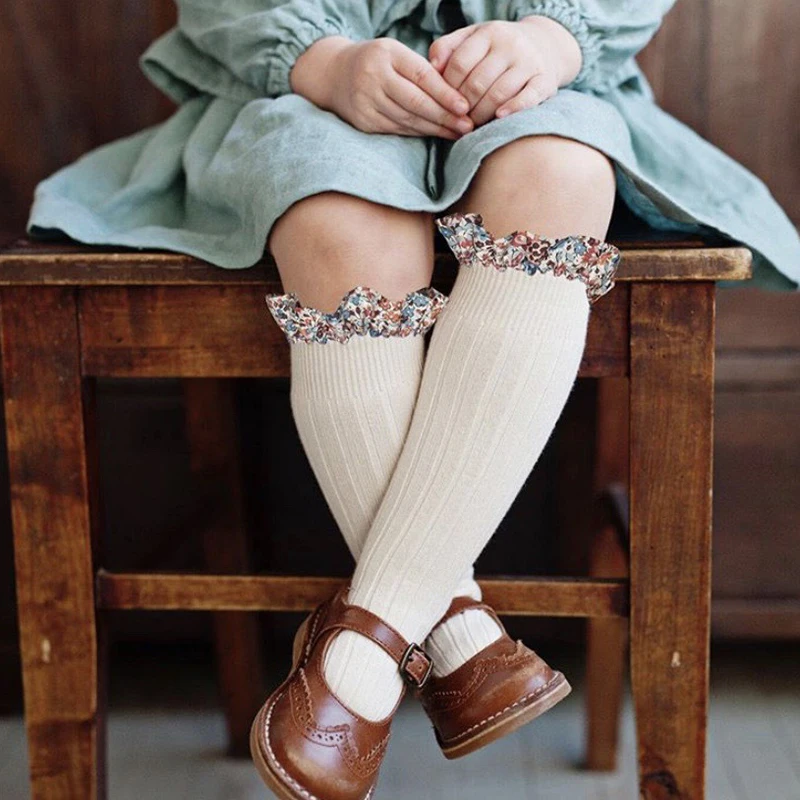 Calcetines con encaje de algodón para niñas, calcetín suave, transpirable, hasta la rodilla, español, para bebés