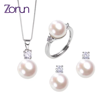 

Zorun Real Natural Freshwater Pearl Sets Fashion/Fine Jewelry 10MM with 18K White Gold Filled Accessories for Women New Design