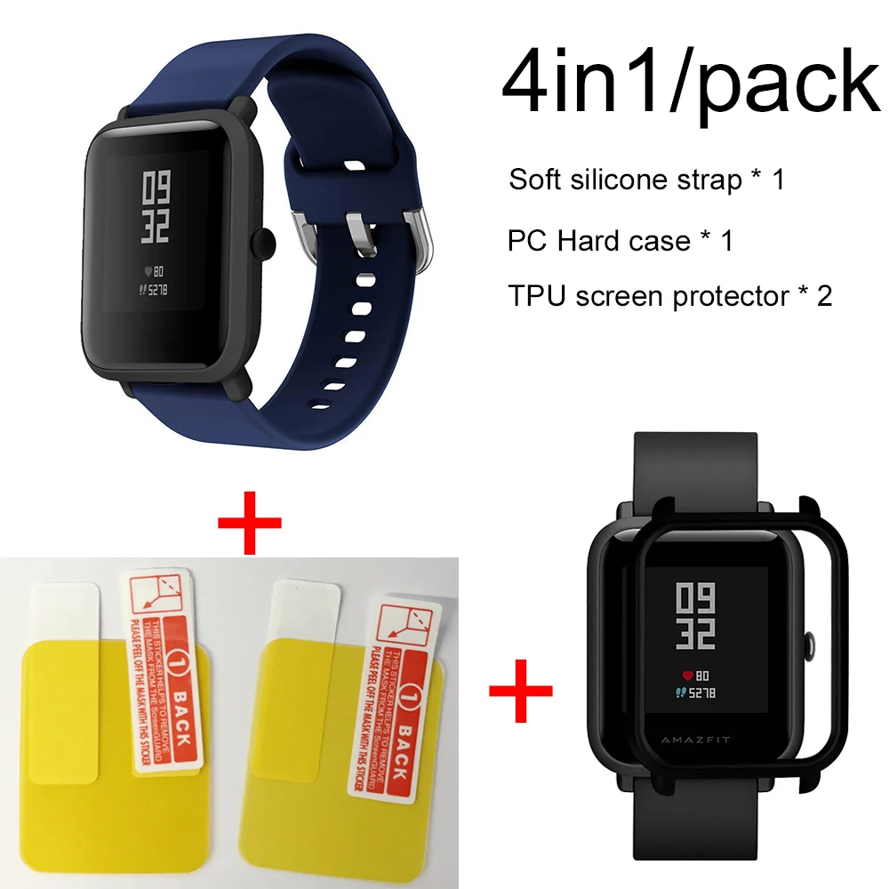 4в1 силиконовый ремешок спортивный браслет чехол для Xiaomi Huami Amazfit Bip BIT умные часы аксессуары - Цвет: Navy blue-Black case