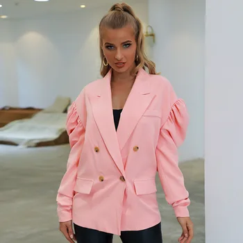

Casual Women's Blazer Solid Color Full Length Sleeves Puff Sleeve Notched Double Breasted Women Coat Office Lady Winter Clothes