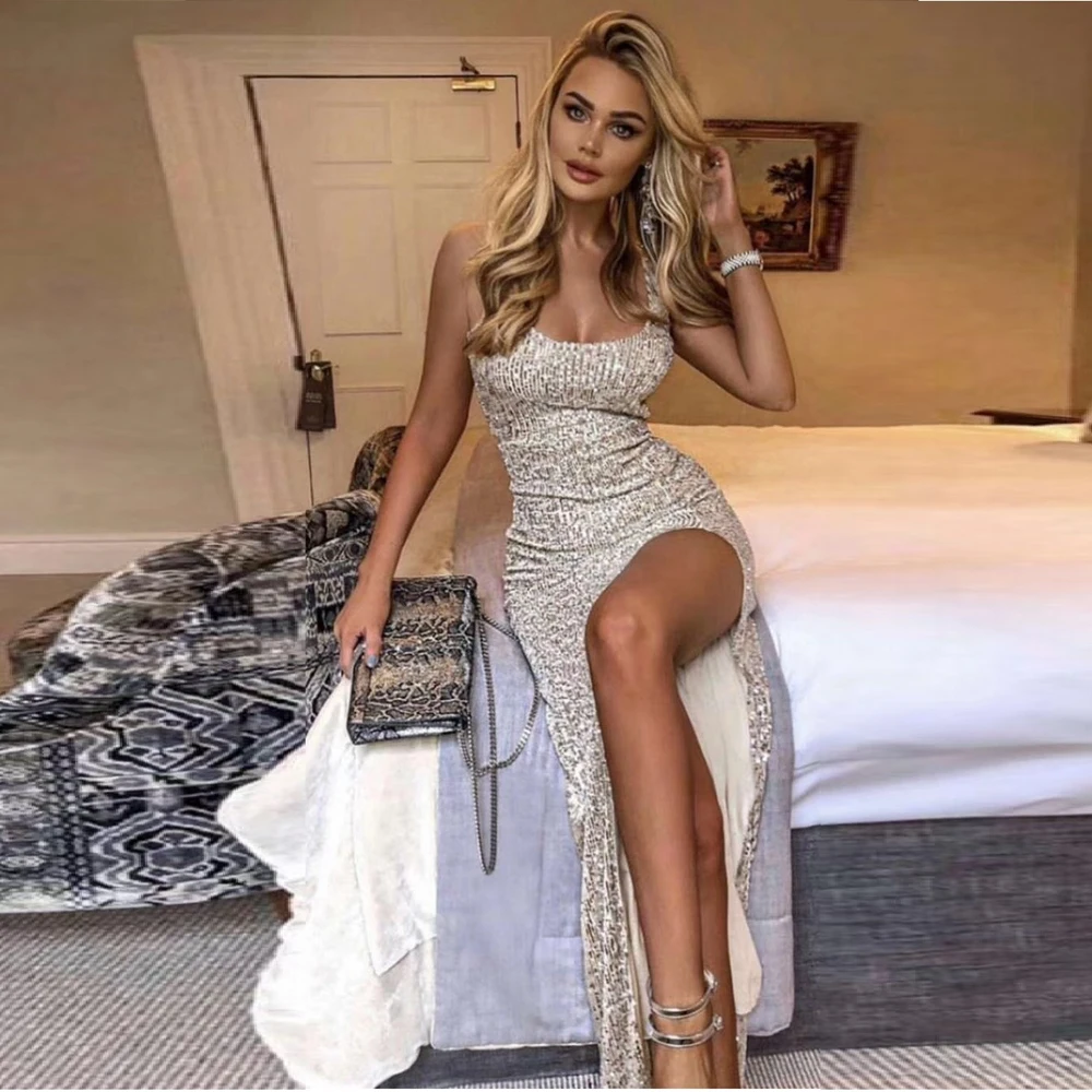 

2019 New Summer Silver With Khali Patchwork Mesh Sexy Long Dress High Split Sleeveless Fashion Sequin Club Vestidos Celebrity