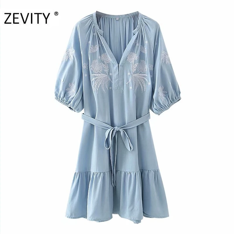ZEVITY New women vintage v neck flower embroidery hem pleats mini dress female bow tie sashes vestido chic autumn dresses DS4424