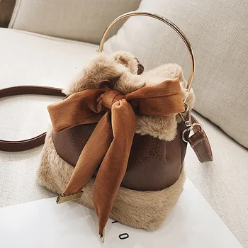 

Fashion PU Leather Patchwork Plush Bucket Bag Women Bow Drawstring Crossbody Bags for Women Faux Fur Handbags 6584