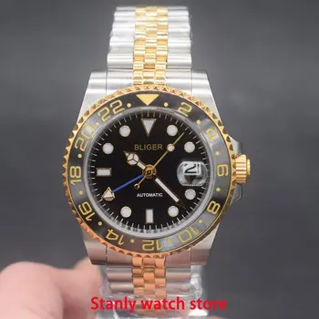 

Sapphire crystal Bliger 40mm black dial luminous marks ceramic bezel GMT golden plated automatic movement men's watch