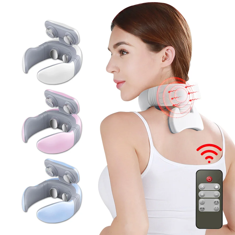 Rechargable Neck Massager with Heat Cervical Vertebra Massager 4-Head Vibration Massage Device Muscle Stimulator Remote Control