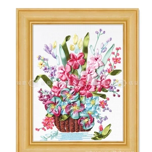 Цветочная ваза-корзина, Набор для вышивки лентами, 35x40 см, набор для рукоделия, рукоделия, Ручное шитье, Декор для дома - изображение