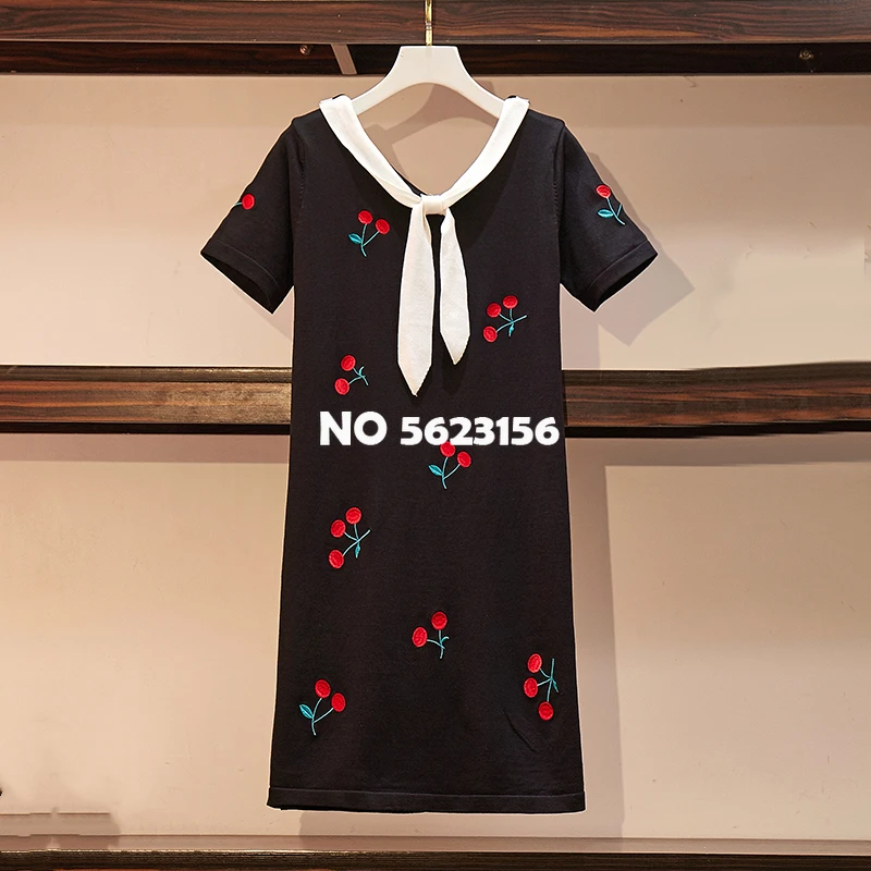 

Summer Women Knitted Dress Cherry Embroidered Doll Collar Straight Spring Dresses Plus Size Discount Women Clothes
