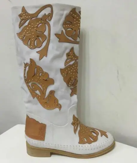 Black White Khaki Rivets Studded Carved Leather Patchwork Knee High Suede Leather Martin Boots Round Toe Flat WomanLong Boots
