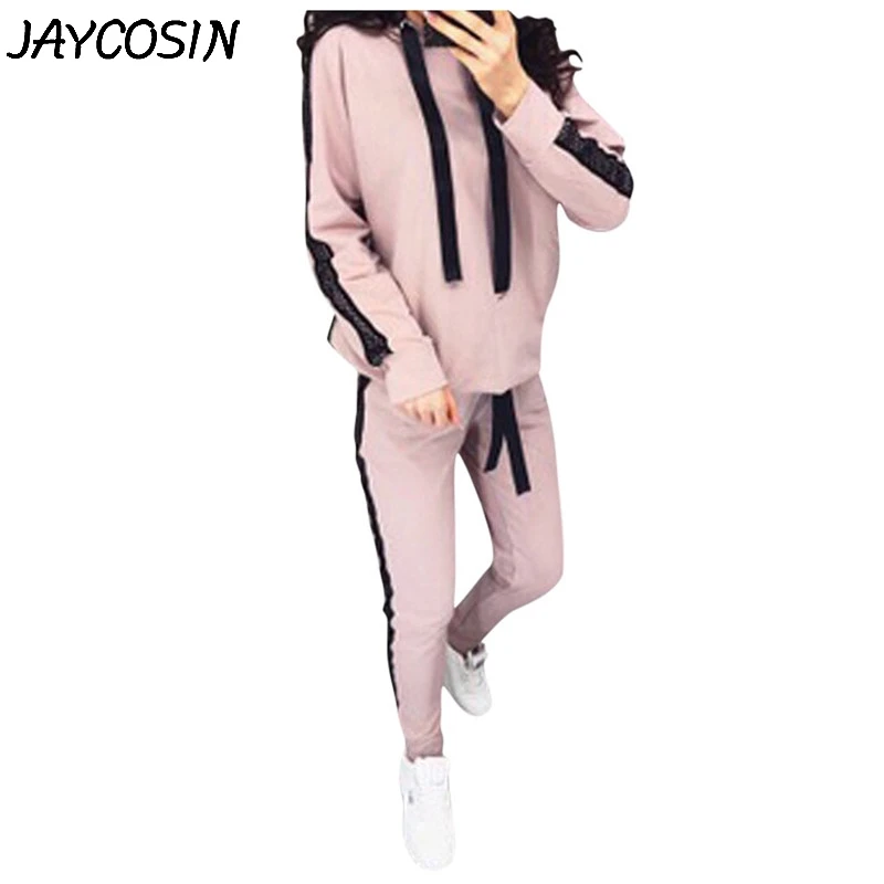 JAYCOSIN женский спортивный костюм с длинным рукавом, толстовка с капюшоном, топ с боковыми полосатыми штанами, комплект из 2 предметов, зимний Повседневный женский спортивный костюм