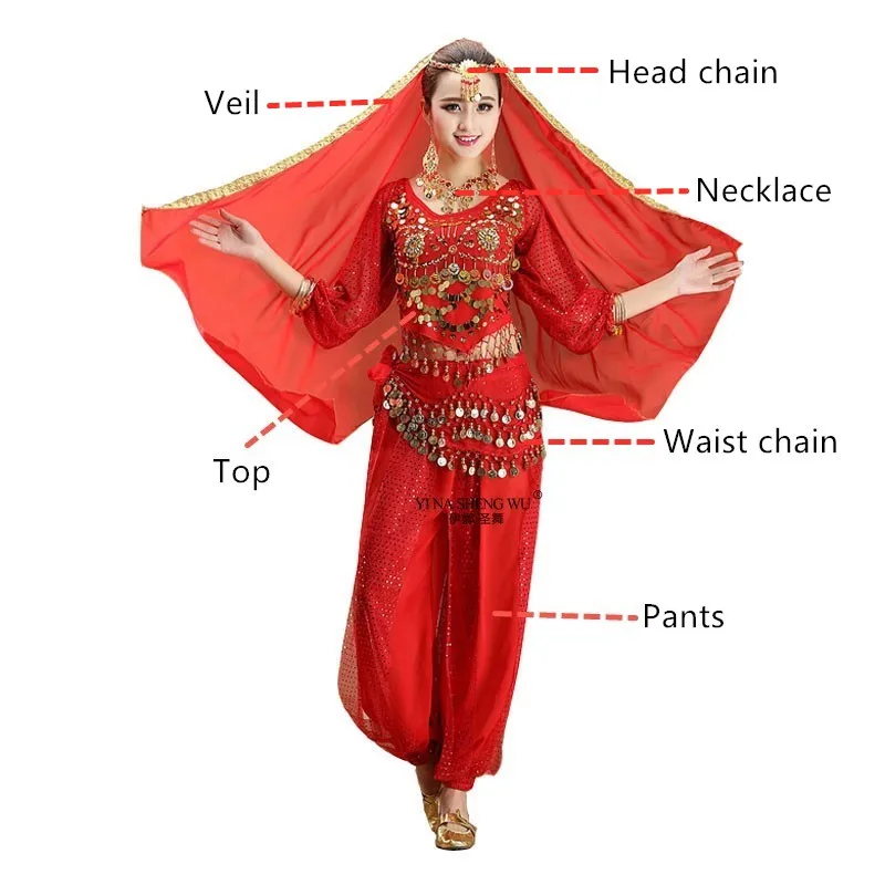 Red 6pcs Women Belly Dance professional Indian Oriental bellydance Bollywood costume set costumes ladies Sari Dancing Performance Stage - Цвет: Red 6pcs