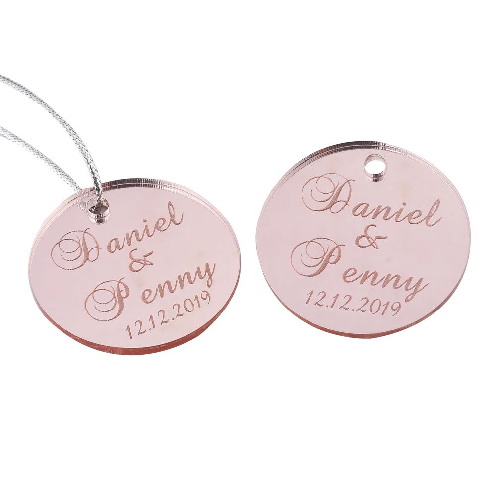 

50Pcs Personalized Engraved Mirror Circle Rose Pink Wedding Tags Baptism Name Tag With Hole Baby Shower Gift Favor Party Gifts