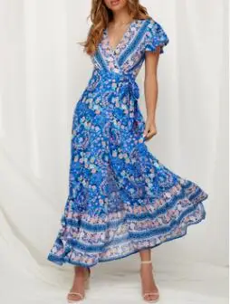 Color blue Хит, высокое качество, летнее сексуальное Повседневное платье с глубоким v-образным вырезом и цветочным принтом, женские вечерние длинные праздничные платья с коротким рукавом - Цвет: Color blue