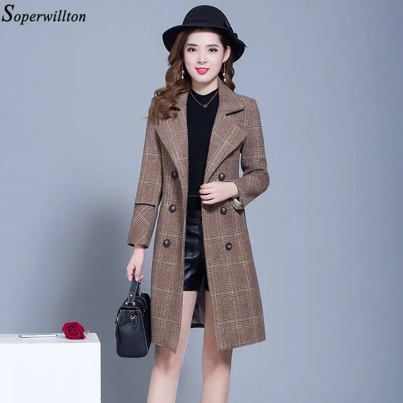 

Woolen Coat Plaid Women 2019 Winter Office Elegant Lady Middle Long Wool Blend Jacket Vintage Double Breasted Turn Down Collar