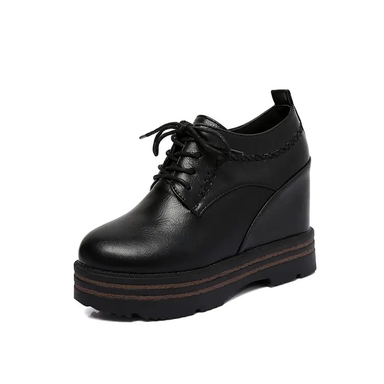 Bootee/ г. Женские ботинки до середины икры кожаные ботинки на шнуровке Женская Базовая обувь с круглым носком на танкетке черного цвета в стиле Лолиты на высоком каблуке
