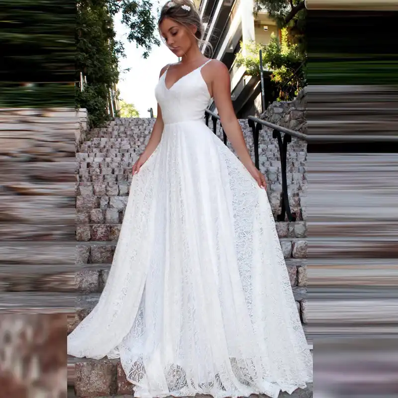An050 Robe De Mariee Cuello En V Espagueti Correa Longitud Vestido De Boda Simple Linea A Largo Vestido De Novia De Encaje Blanco Vestido De Novia Aliexpress