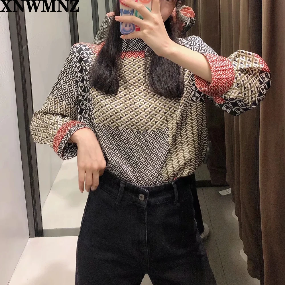 XNWMNZ za 2020 Women printed patchwork top Print High Neck Long Sleeve loose Tops New Fashion Lady Tops Casual Ladies