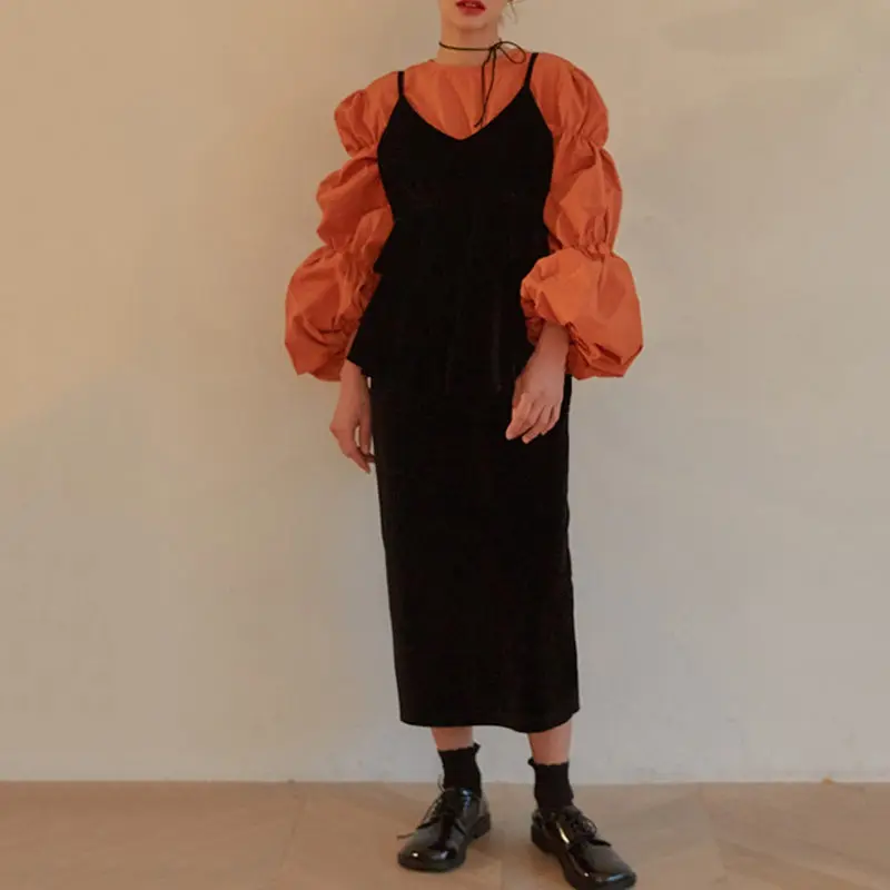 RICININA, женские блузки с длинным рукавом,, с пышными рукавами, однотонные, корейские, повседневные, шикарные, винтажные рубашки, женские, длинная рубашка, Blusas, Осенние - Цвет: Black Skirt Women