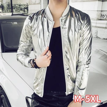 

Silver Bright Bomber Jacket Men Reflective Jacket Coats Male Streetwear Stretch Slim Fit Hip Hop Punk Uniform Stage Jackets Men