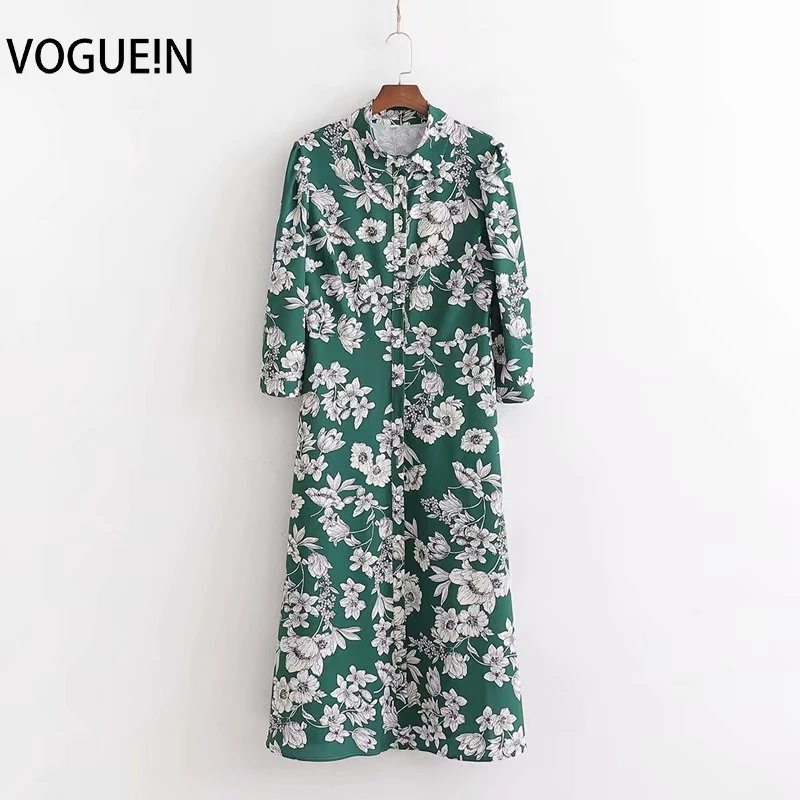 VOGUEIN новые женские винтажные 3/4 рукав белый цветочный принт Зеленая кнопка вниз миди платье
