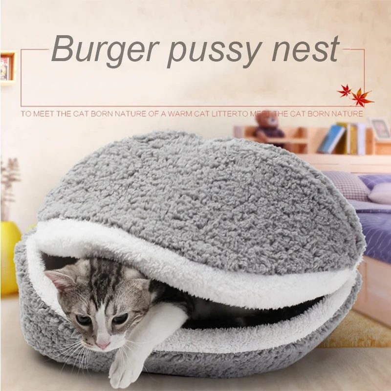 Removable Cat Sleeping Bag Sofas Mat Hamburger Dog House Short Plush Small Pet Bed Warm Puppy 2