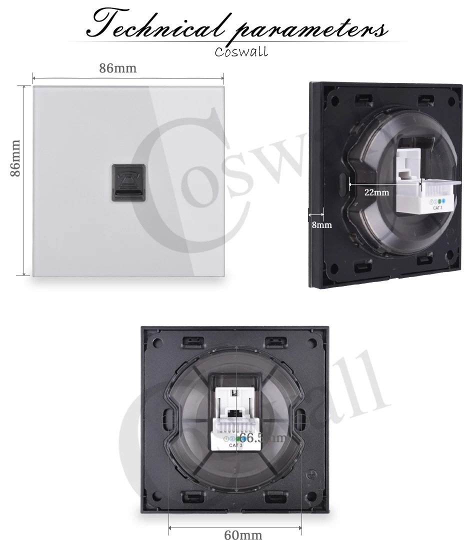 COSWALL Кристалл Закаленное стекло панель настенная розетка 4 ядра CAT3 RJ11 телефонный разъем R11 серии серый цвет