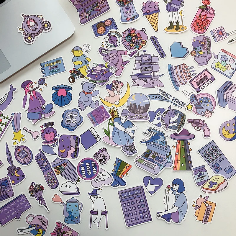 50 Pcs INS Blue Purple Graffiti Deca Kawaii Stickers Cup Calendar Diary Stationery Journal Scrapbook Hand Book Album Supplies a5 super thick blank sketchbooks diary painting graffiti   cover sketch book notepad drawing notebook office school supplies
