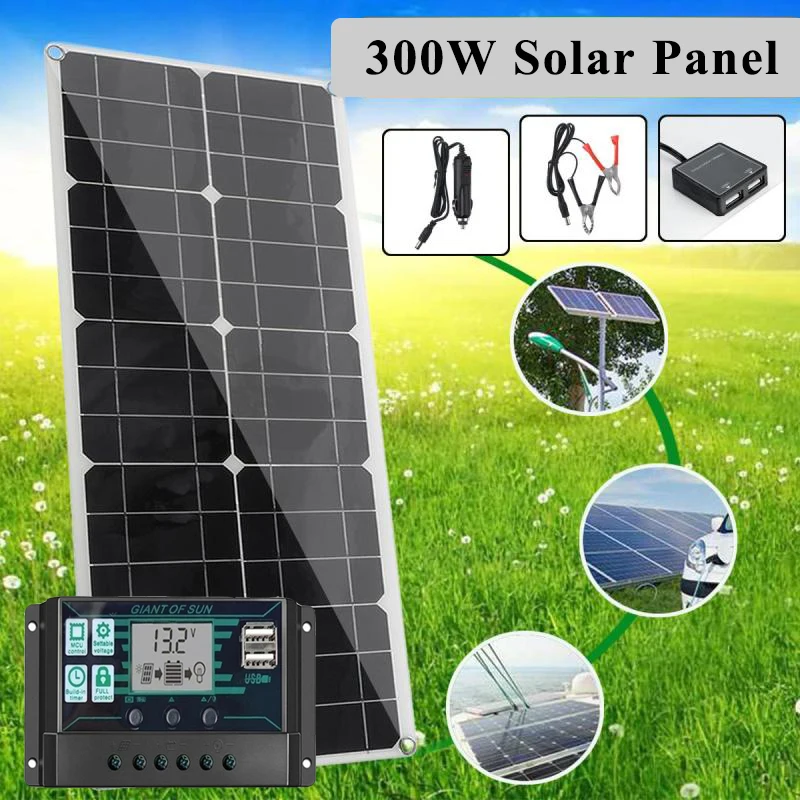 300W Solar Panel + MPPT Solar Charger Controller 12V-18V PWM LCD Display Dual USB Port Outdoor Portable Power Supply