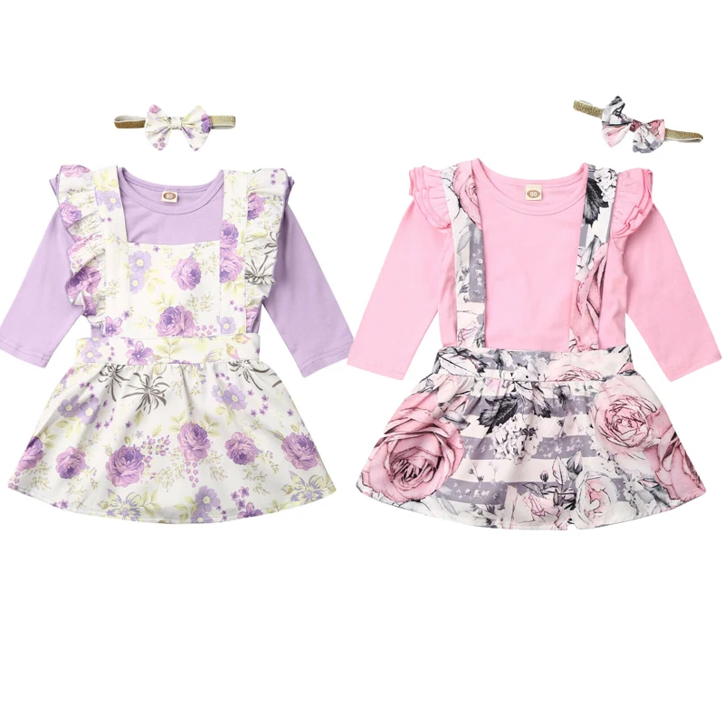 

Princess Newborn Baby Girl Sets Autumn Clothes Ruffles Fly Sleeve Tops Romper Floral Braces Skirts Bow Hair 3Pcs Outfits 0-3Y