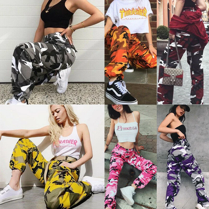 Women Fashion 6 Color Camo Cargo Pants High Waist Hip Hop Trousers
