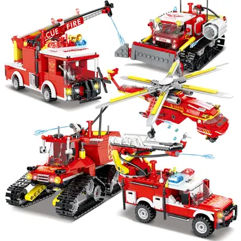 

City Fire Truck Helicopter Track Car Building Blocks Set Firefigures figures Bricks Technics Block Educational Toys For Children