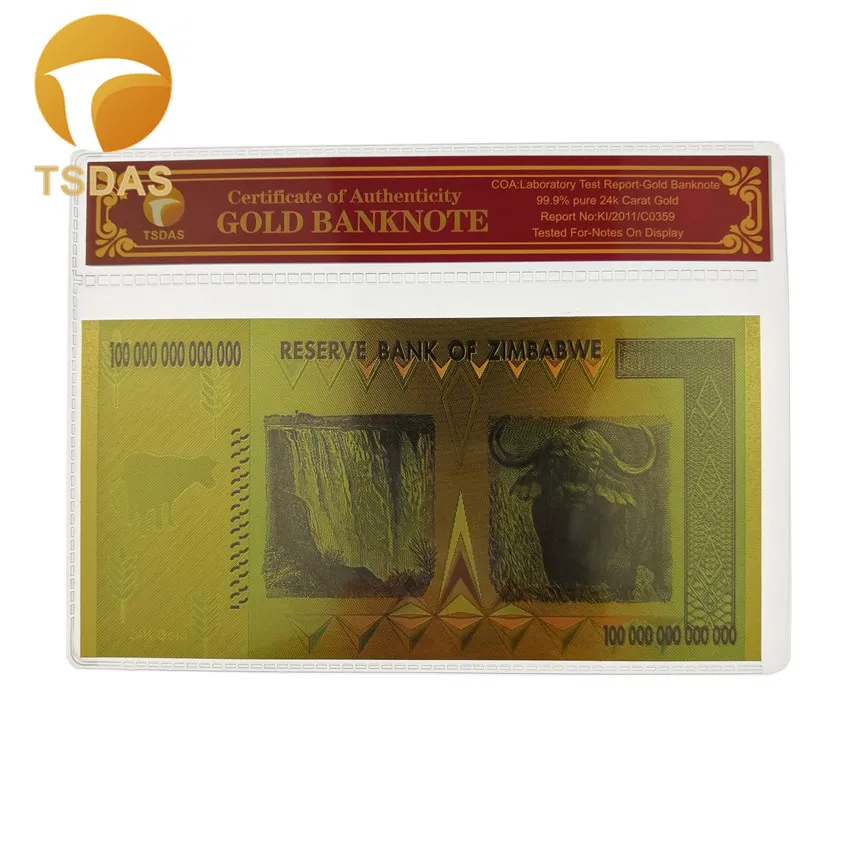 Luxury Zimbabwe Gold Banknotes New Year Gifts Colored Foil Bill with COA Frame for Collection|Золотые банкноты| |