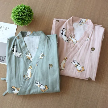 

Woman Japanese Kimono Nightdress Couple Pure Cotton Gauze Bathrobe Summer And Autumn Thin Kitten Figure Cute Home Wear Clothes