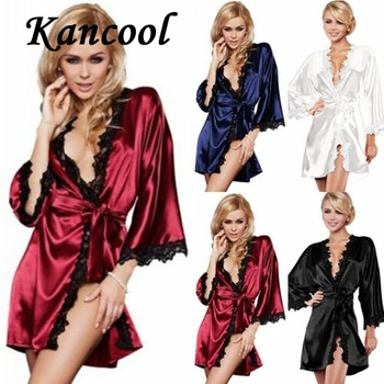 

KANCOOL New Sexy Lingerie Women Ladies Solid Long Sleeve V neck Silk Lace Robe Babydoll Nightdress Nightgown Sleepwear