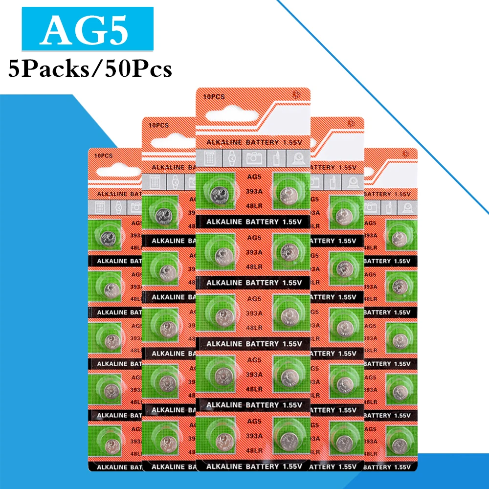 50 шт./5 упаковок кнопочные батарейки AG5 LR754 1 55 393 в SR754 193 для монет щелочные 393A 48LR G5A