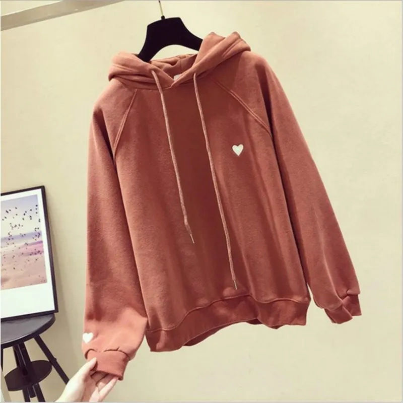 

Fall Women Casual Hooded Long Sleeve Hoodies Simple All-Match Heart Print Pullover Flare Sleeve Korean Solid Loose Sweatshirts
