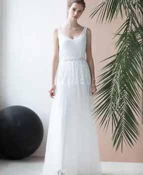 

Beach Wedding Dress 2020 Scoop Floor Length A-Line Lace Appliques Bridal Gowns robe de mariage Custom Made Size Spaghetti Strap