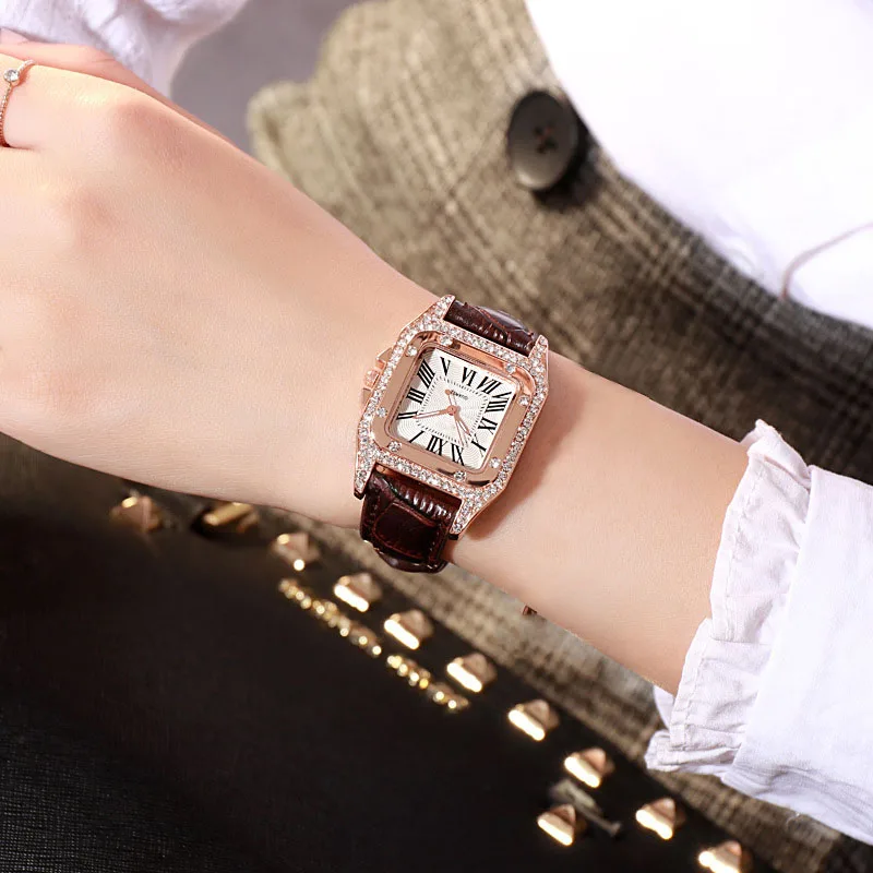 Женские часы с бриллиантами, Звездные роскошные часы с браслетом, женские повседневные кварцевые наручные часы с кожаным ремешком, женские часы zegarek damski - Цвет: Brown
