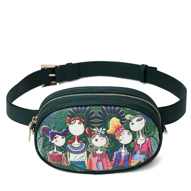 

FOXER 2019 New PU leather Ladies Green Cartoon Waist Bags Women Waist Fanny Packs Belt Crossbody Bags Chest Chain Handbags