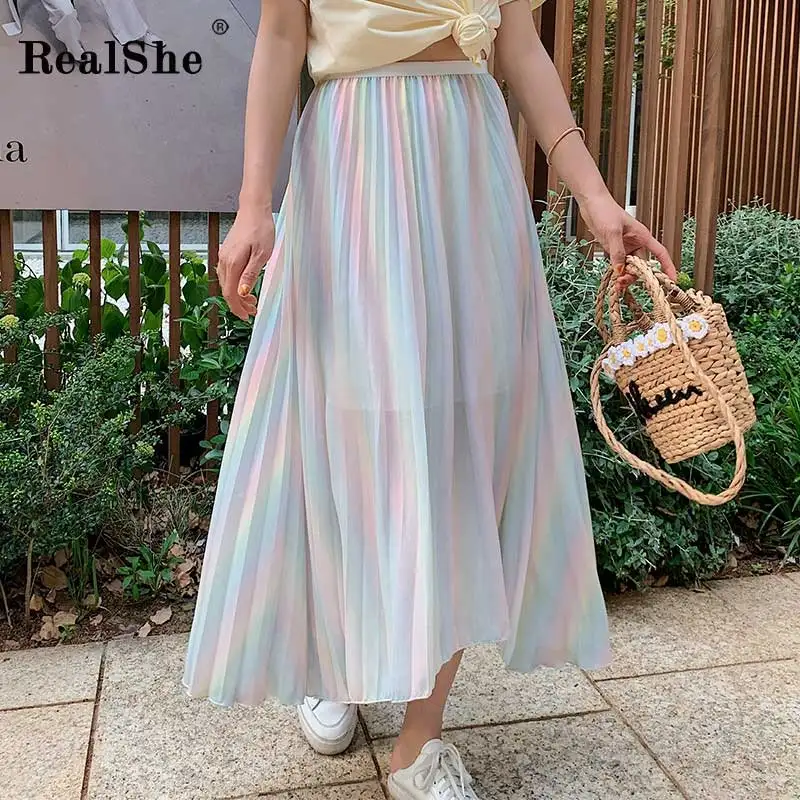 RealShe, Женская юбка, летняя, высокая эластичная талия, длинная юбка, богемный стиль, Jupe Femme,, для девушек, повседневная, элегантная, шифоновая плиссированная юбка - Цвет: light blue skirt