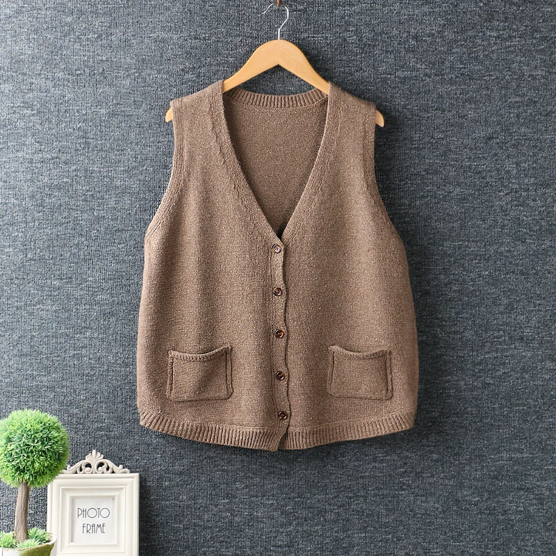 

2019 Summer New Simple Solid Color Single Breasted Double Pocket Casual Knit Vest Cadigan Sweater 5434