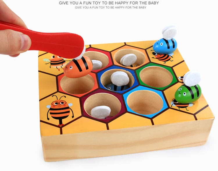 Hot Wooden Leaning Educatinal Toys Children Montessori Early Education Beehive Game Childhood Color Cognitive Clip Small Bee Toy