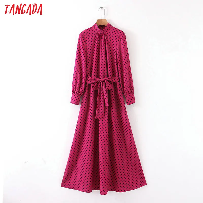 

Tangada women hotpink dot print long dress with slash long sleeve vintage female pleated elegant maxi dresses SL198